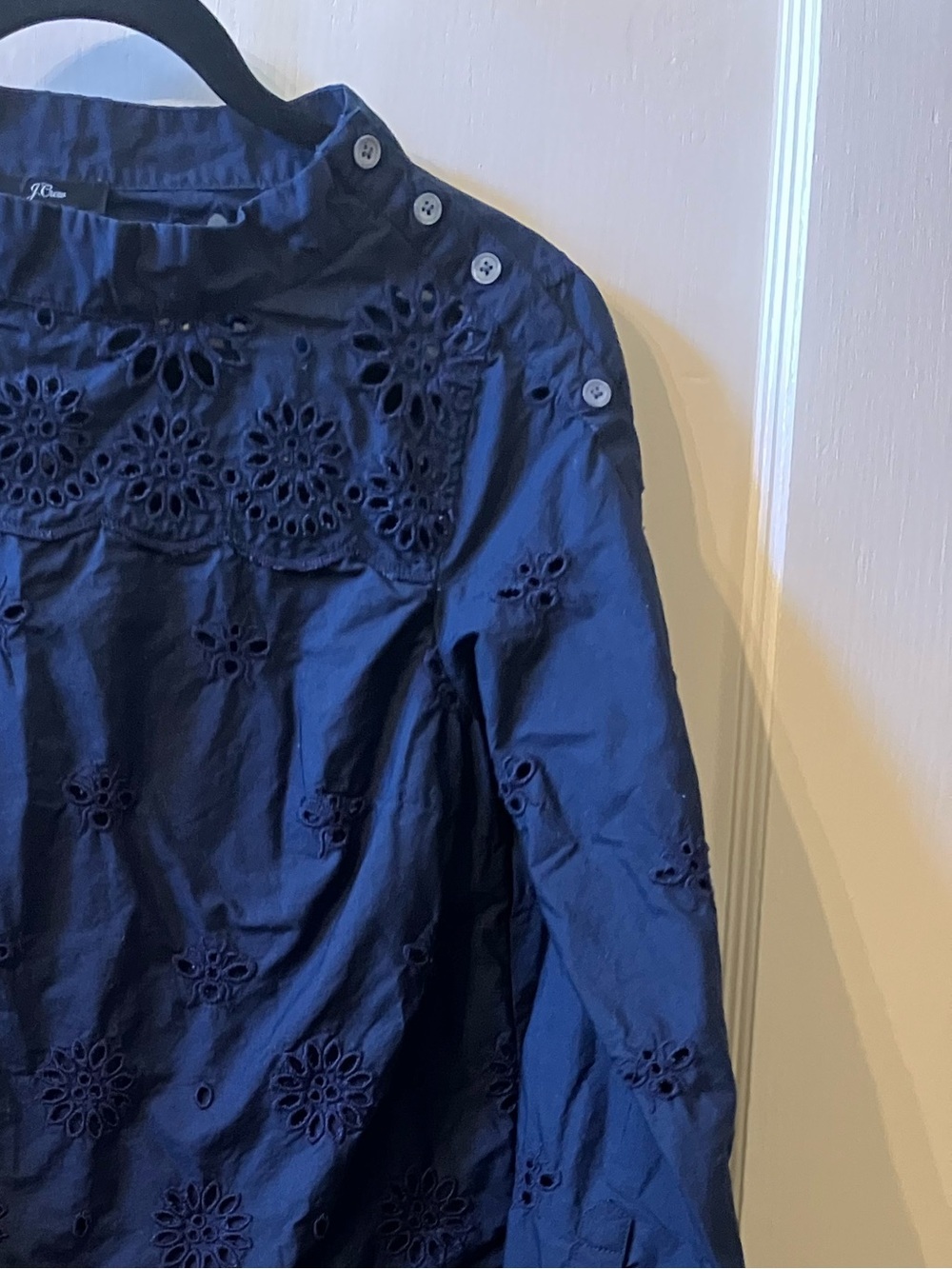 J. Crew Navy Eyelet Button-Shoulder Blouse